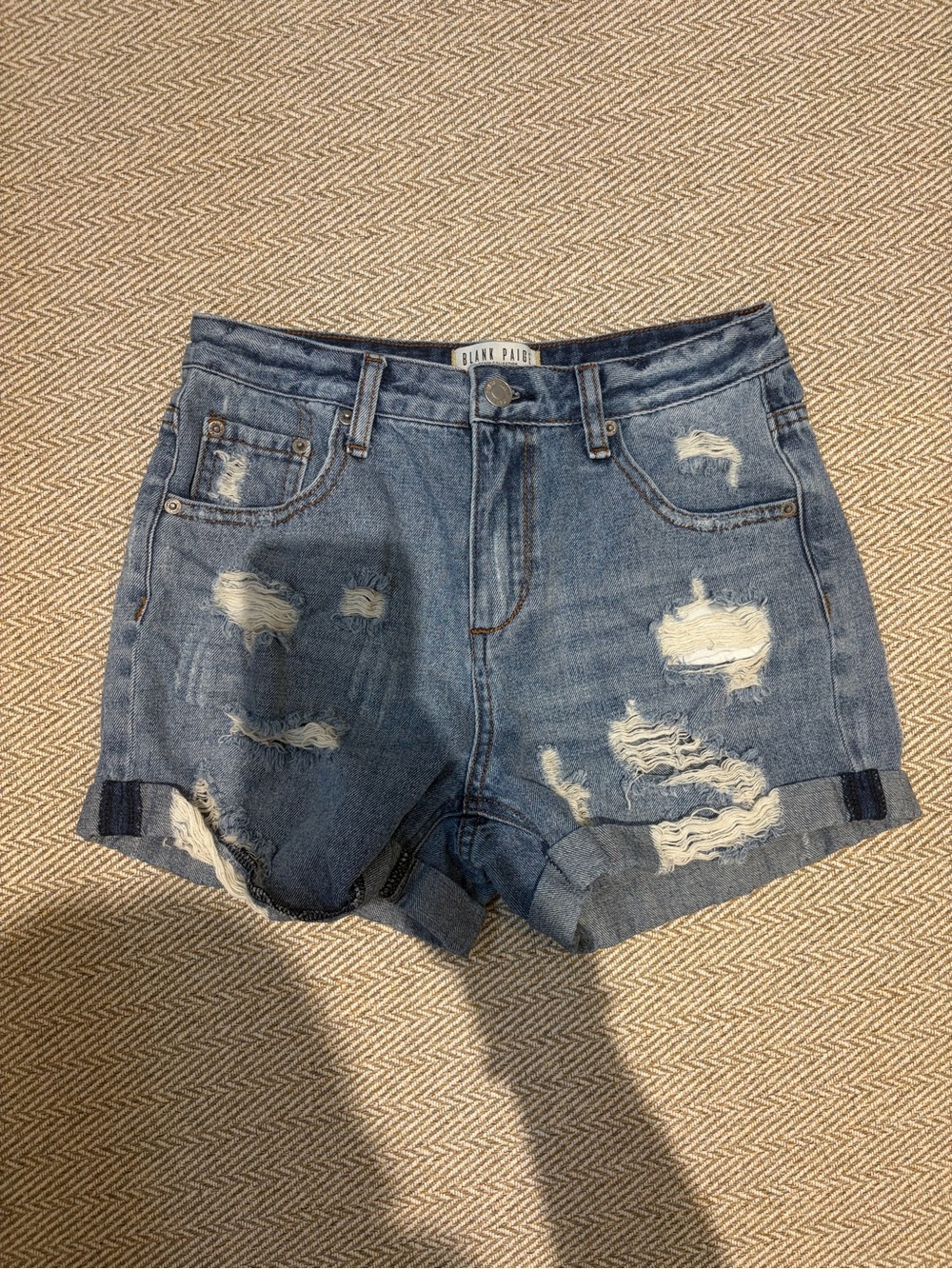 High-Rise Distressed Blue Denim Shorts